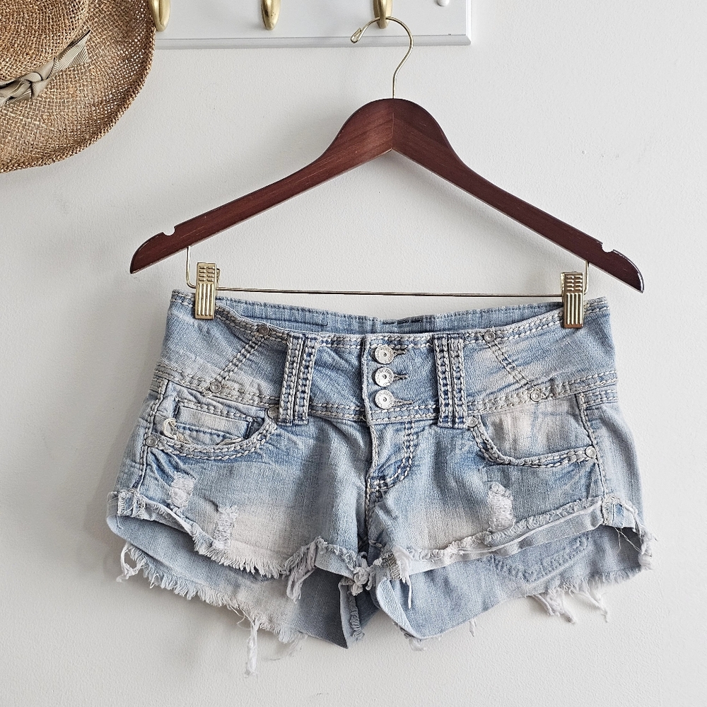 Y2K Almost Famous Low Rise Denim Shorts Studded Distressed Embroidered Size 5
